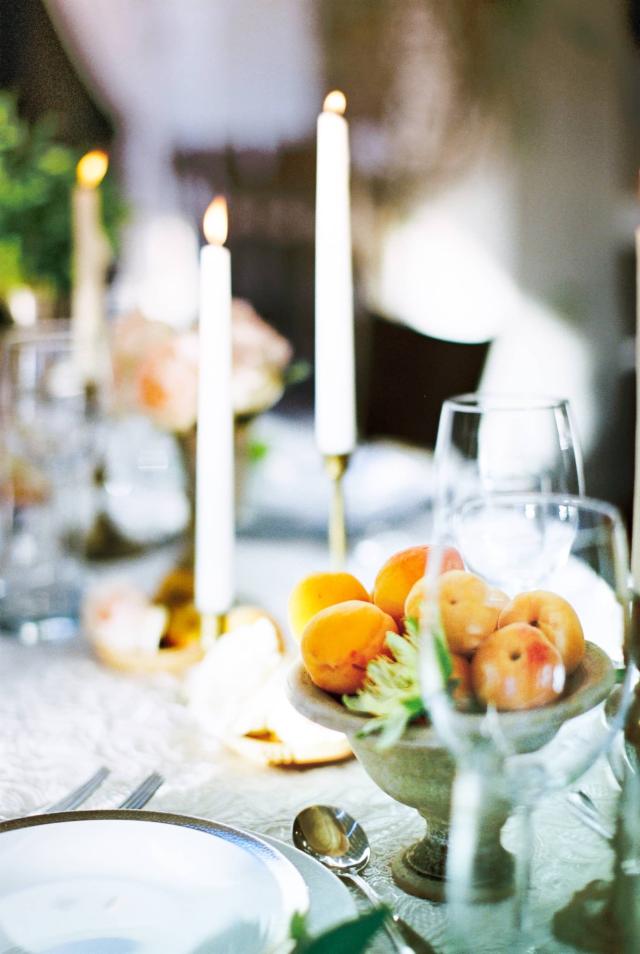 Closeup of Guest Table with Fruit & Candles at Romantic Riviera