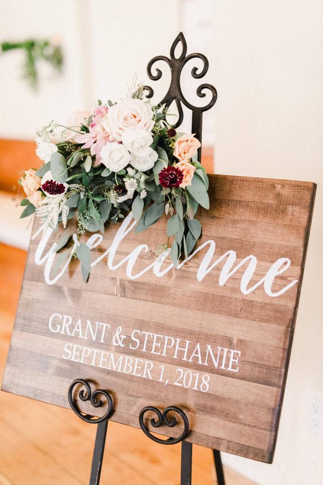 Welcome Wedding Sign with Flowers at Stephanie & Grant's Wedding
