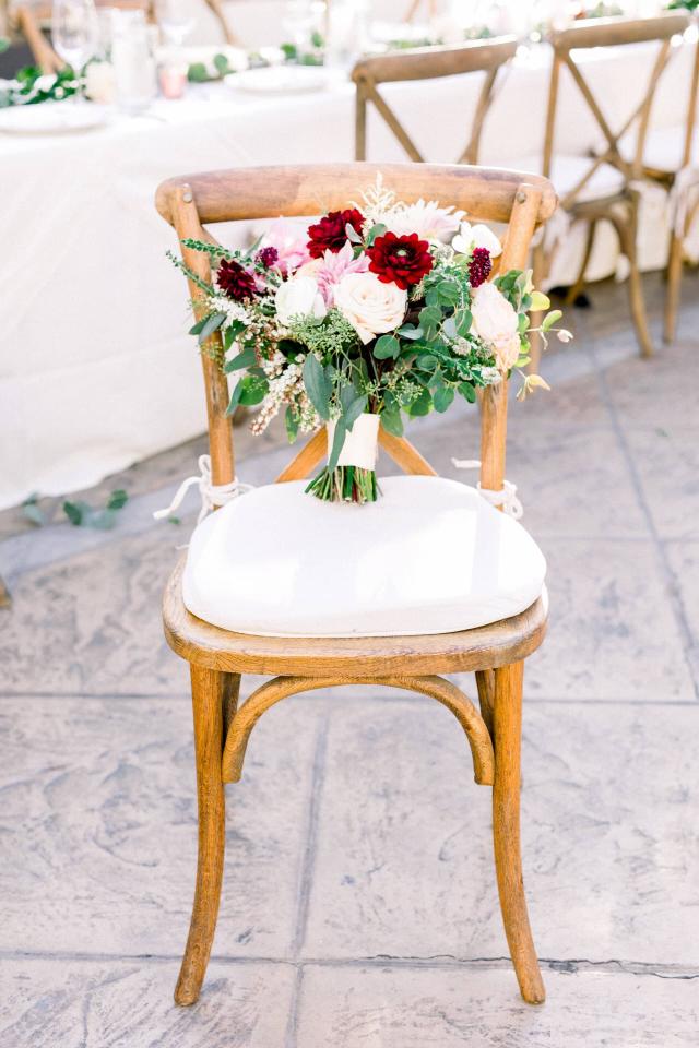 Chair with Bridal Bouquet at Stephanie & Grant's Wedding