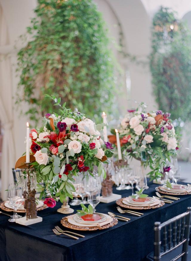 Side Angle of Table with Flowers, Gold Plates & Cutlery, Flowers & Candles for Spanish Nights 