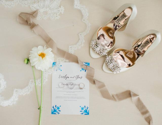 Wedding Invitation, Rings, & shoes at Evelyn & Gus' Wedding