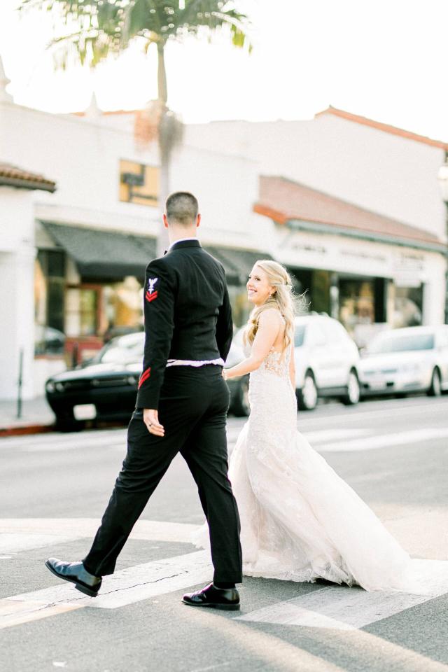 Bride & Groom Crossing the Road at Stephanie & Grant's Wedding