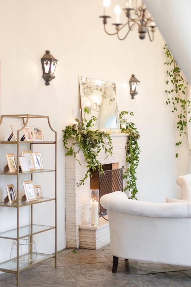 White Furniture with Mirror on Fireplace & Photos at Angela & Kevin's Wedding