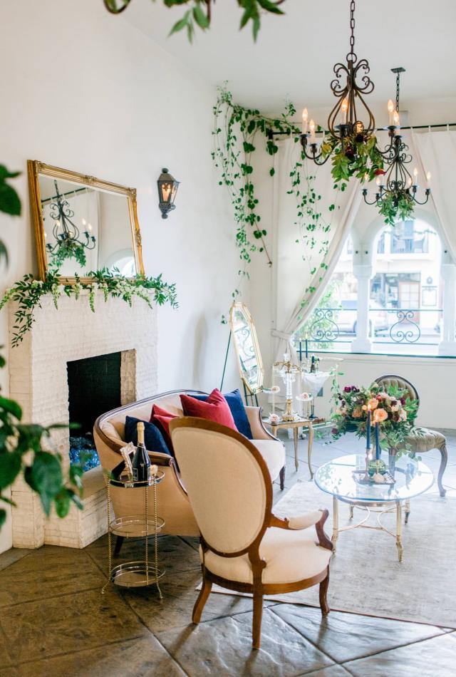 Side Angle of Fireplace & Couch for Spanish Nights