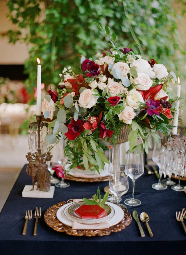 Closeup of Flowers & Placemat on Black Table for Spanish Nights