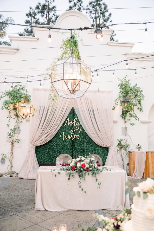 Backdrop, Main Table, Flowers, & Lamps for Karen & Andy’s Wedding