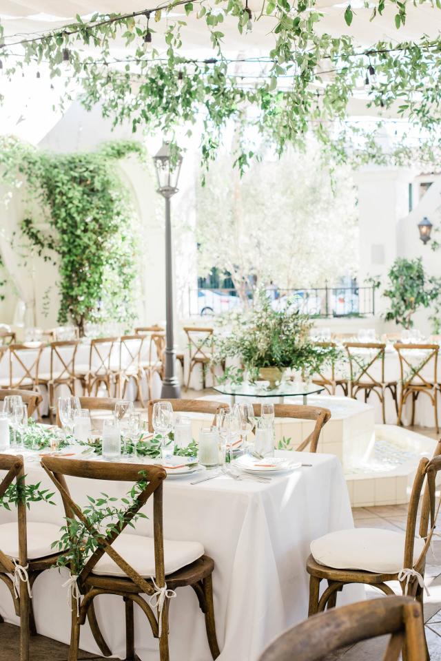 Guest Tables with Vines Overtop & Lamppost at Evelyn & Gus' Wedding