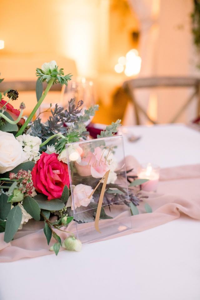 Close Up of Flowers & Plaque for Karen & Andy’s Wedding