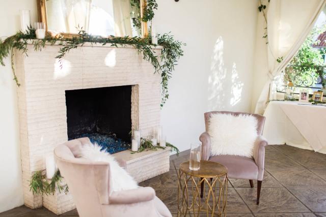 Furniture in Front of Fireplace at Carly & Ben's Wedding