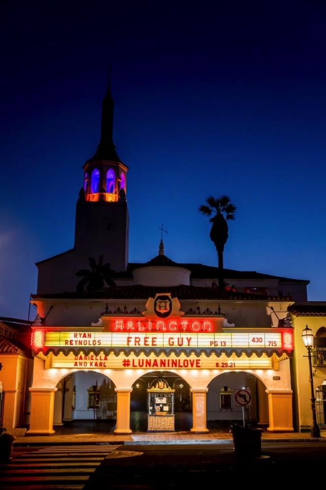 Outside view of the Arlington Theatre at night for Daniella & Karl's Wedding