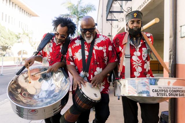 Musicians with drums on street for Daniella & Karl's Wedding