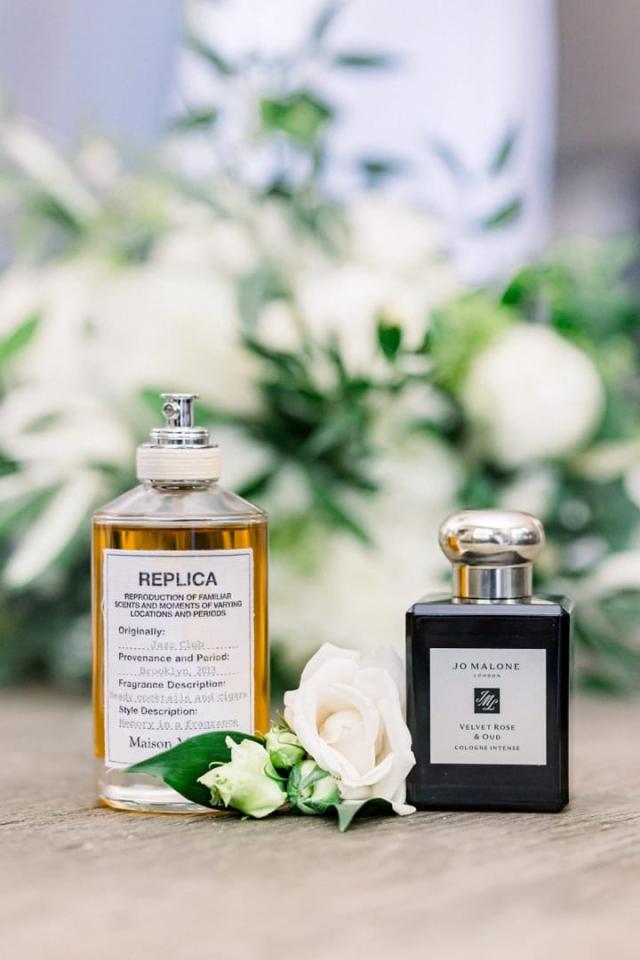 Custom aftershave and perfume bottles with corsage for Sara & James’s Wedding