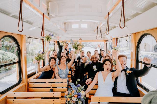 Wedding party on tram for Veronica & Jake’s Wedding