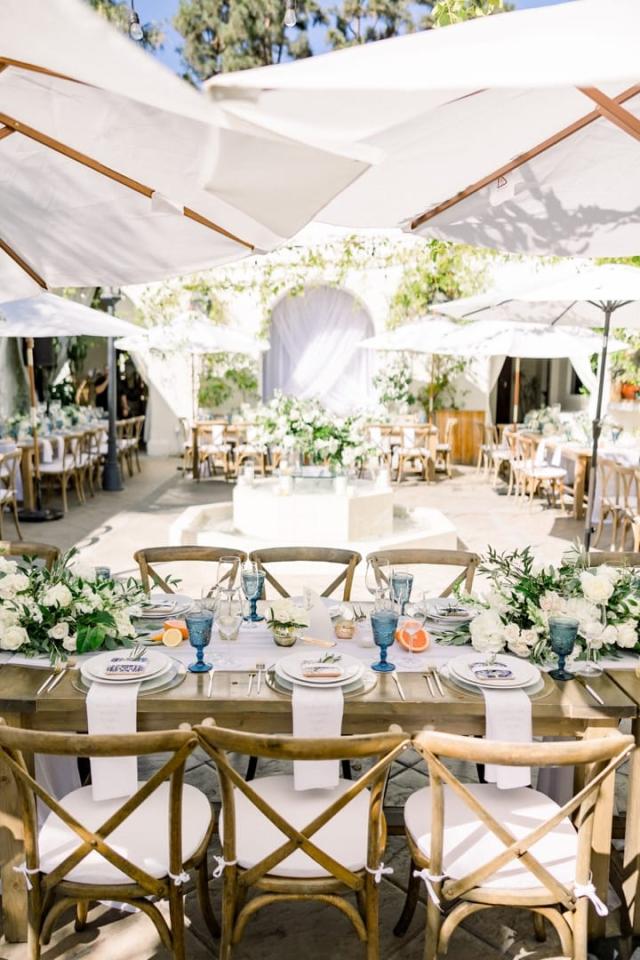Cross ways view of courtyard wedding tables for Sara & James’ Wedding