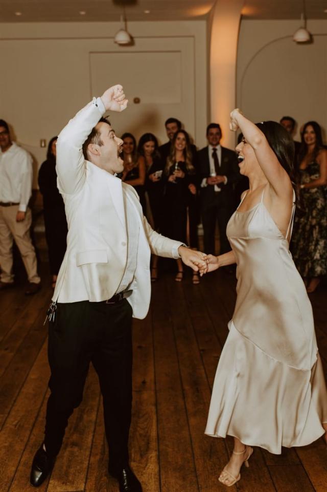 Bride and groom dancing and looking at each other for Paulina & Cam’s Wedding