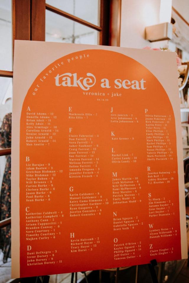 Big orange seating chart for Veronica & Jake’s Wedding