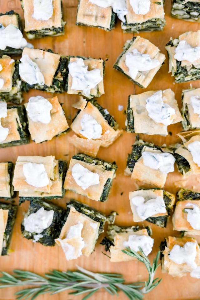 Overhead view of spinach and cheese appetizer for Sara & James’ Wedding