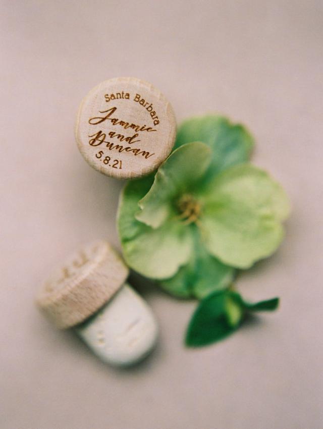 Custom wine cork stoppers for Jammie & Duncan's Wedding