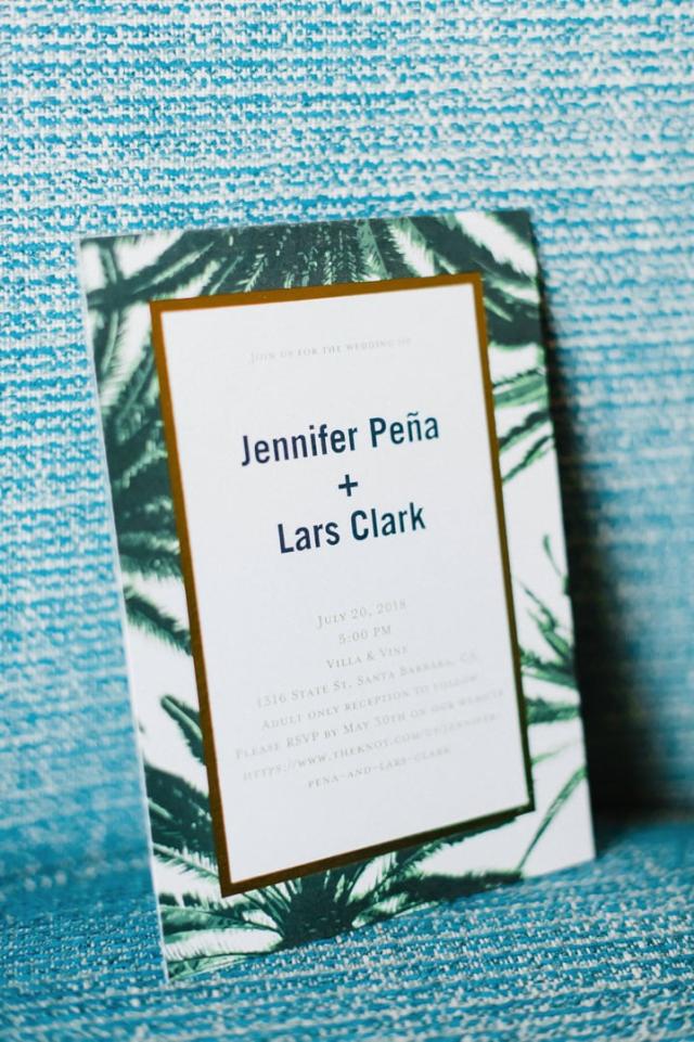 Wedding invitation with a green and white design for Jennifer & Lars' Wedding