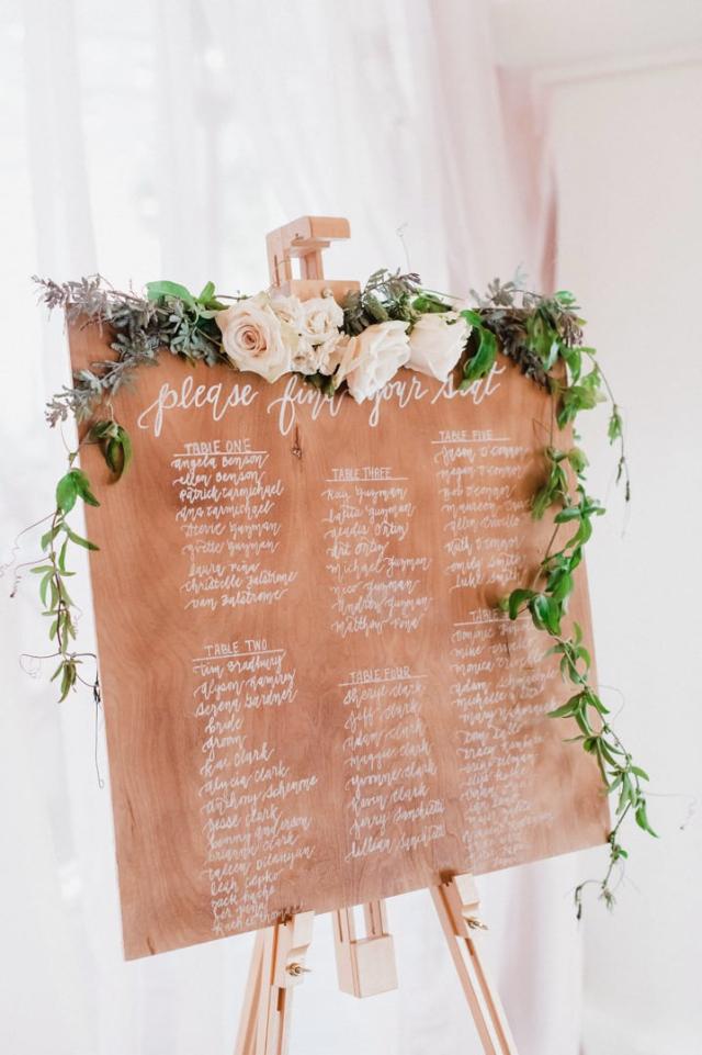 Wedding seating board with white writing and flowers  for Jennifer & Lars' Wedding