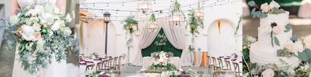 Collage of wedding setups including bridal bouquet, wedding cake, and reception area