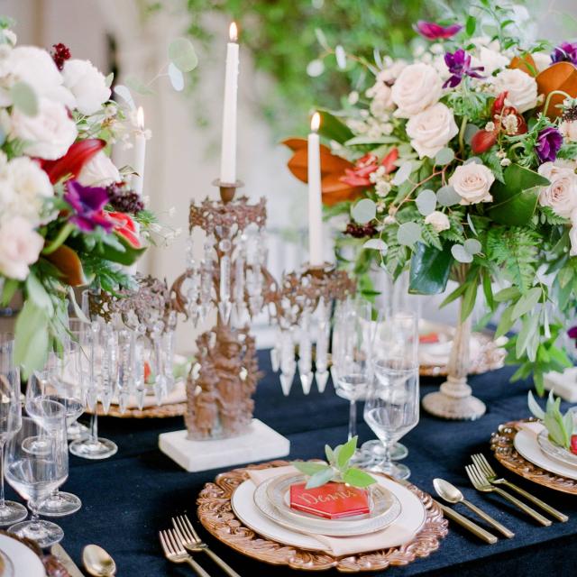Table with Flowers, Gold Plates & Cutlery, Flowers & Candles with Placemat for Spanish Nights